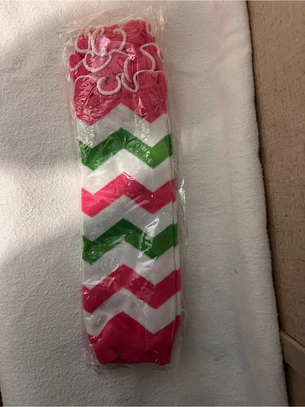 Pink, Green & White Chevron Home Accent Sock with Heart Trim